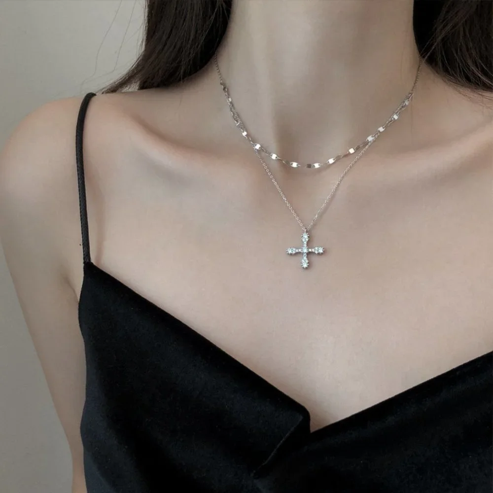#NEW 925 Sterling Silver Diamond Cross Double Layer Necklace